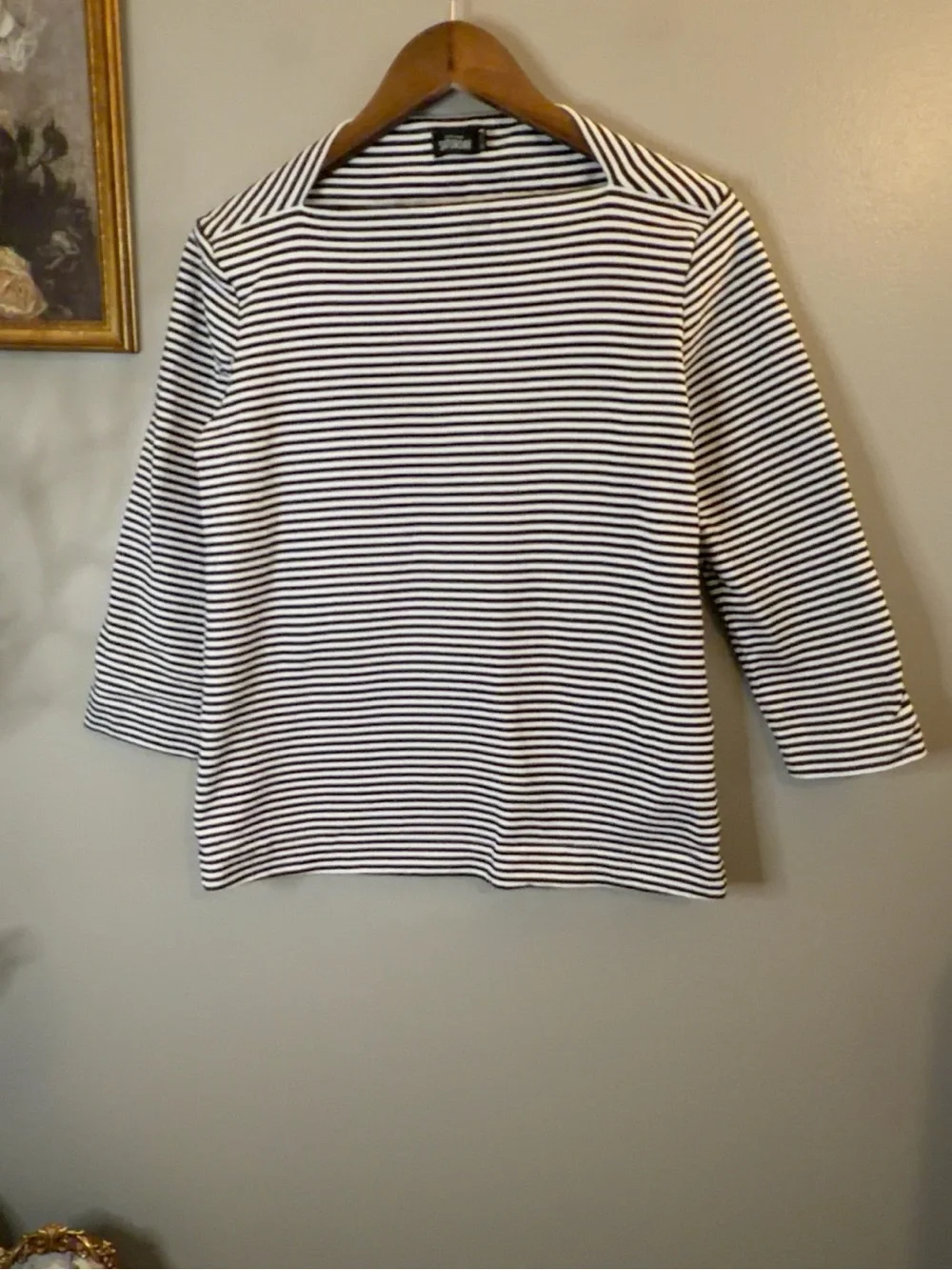 Kate Spade Saturday Striped Boat Neck 3/4 Sleeve Cotton Knit Top L Black White